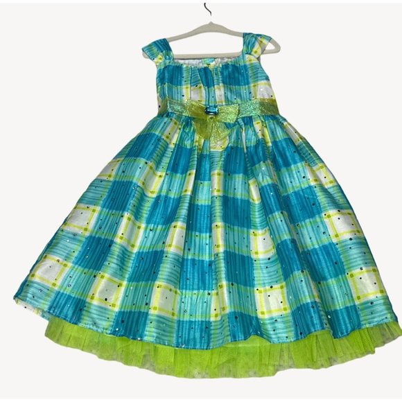 Dollie & Me Dress Girls 5 Plaid Blue Yellow Fancy Party Easter Summer Bow Gem St - Picture 1 of 11
